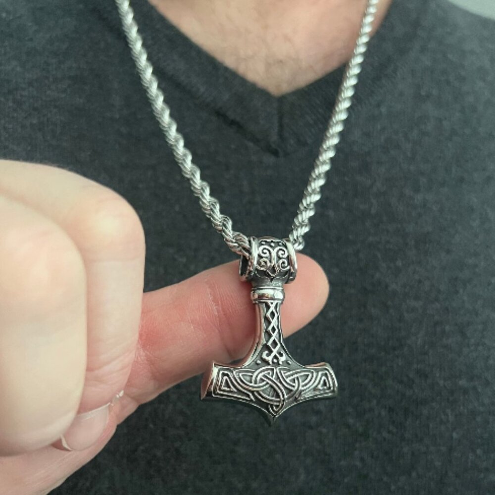 Viking Thor Hammer Pendant and Rope Chain Necklace